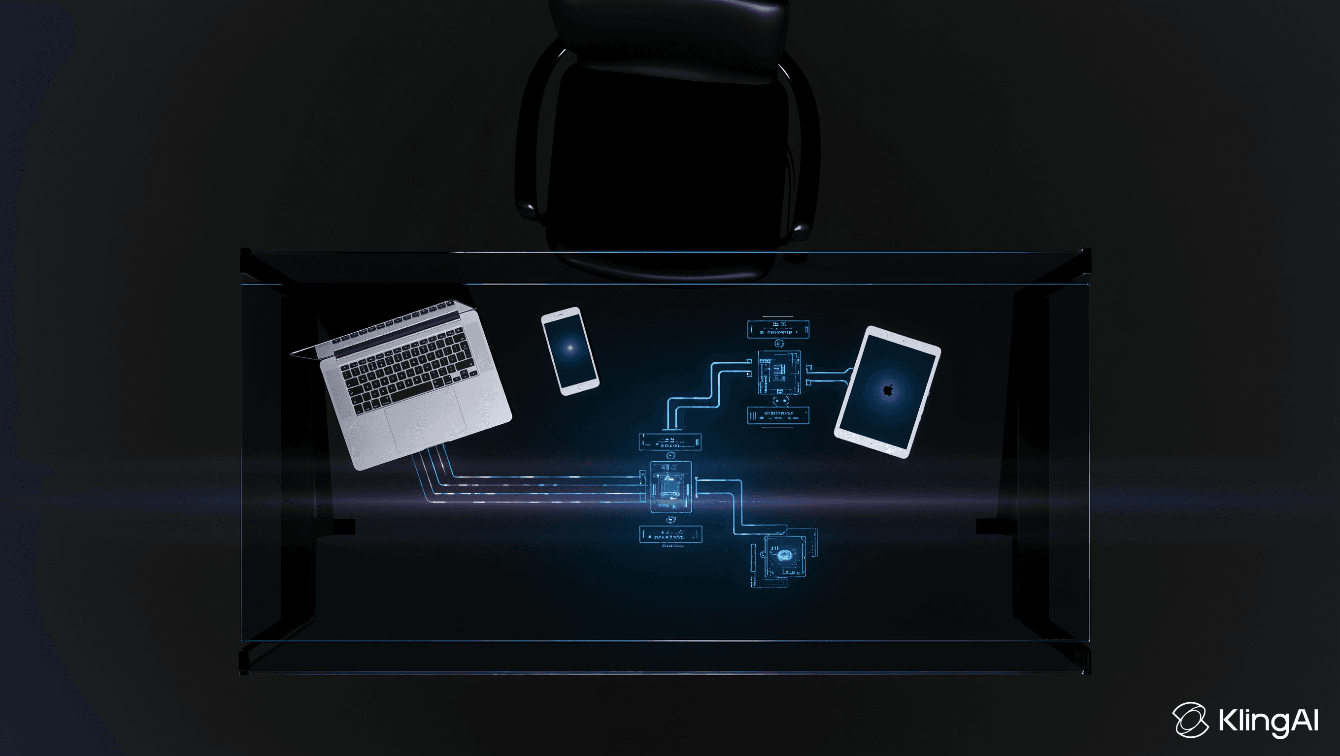 Holographic AI automation flowchart on a dark glass desk with laptop, phone, and tablet connected by glowing data streams