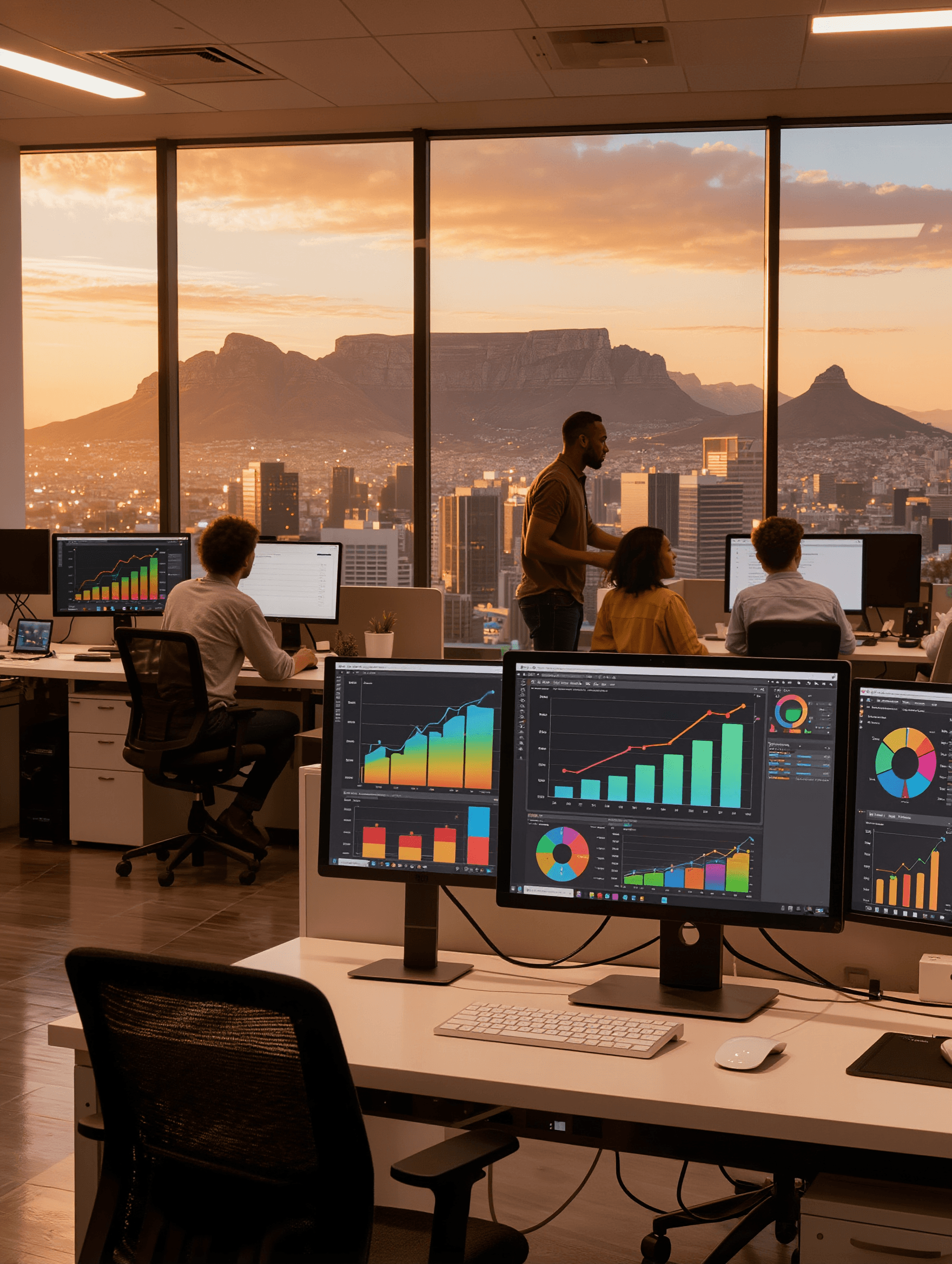 Cape Town cityscape with Table Mountain and futuristic AI automation overlay graphics