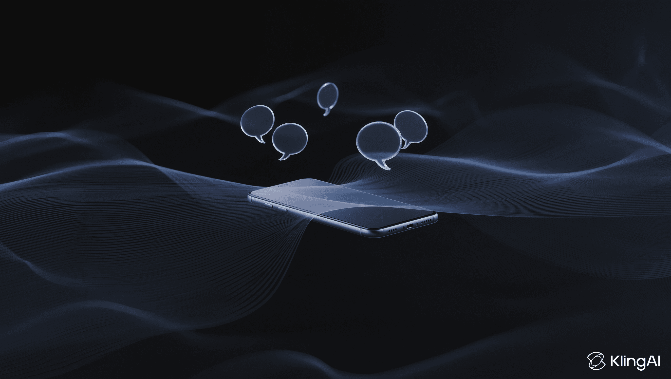 AI voice assistant visualized as chat bubbles flowing from a smartphone over dark sound waves