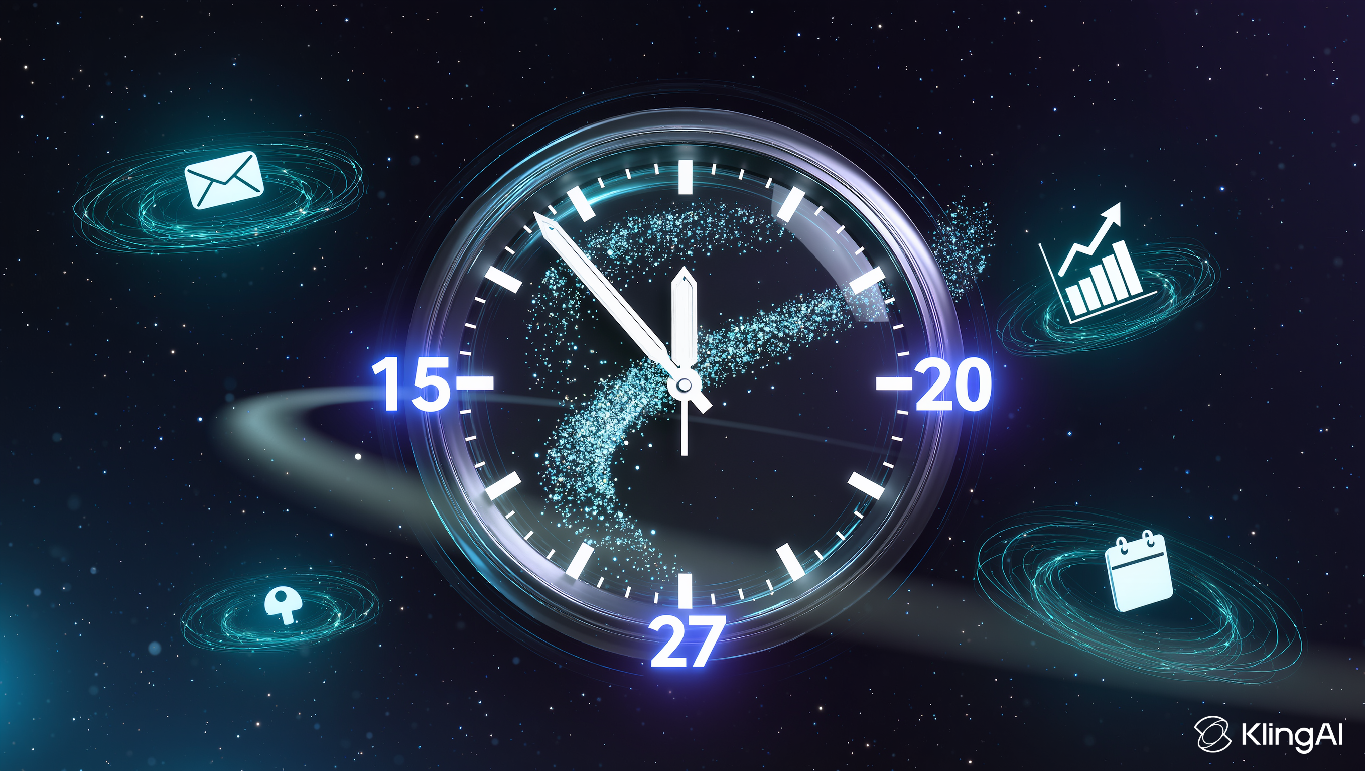 Futuristic clock showing 15-27 hours saved per week with orbiting task icons for email, analytics, and scheduling