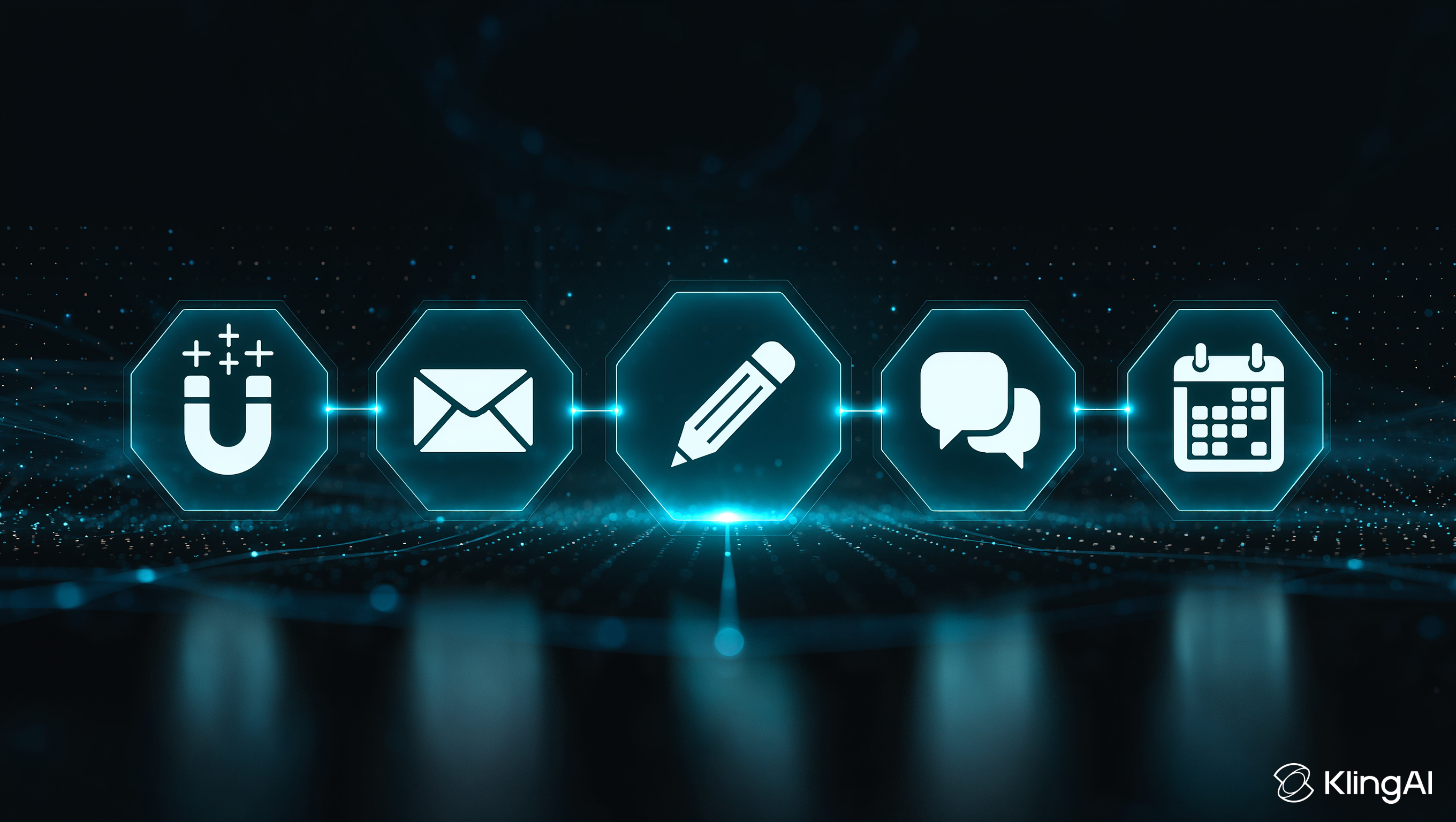Five key automation areas: lead generation, email outreach, content creation, chatbots, and office admin — shown as glowing hexagonal icons